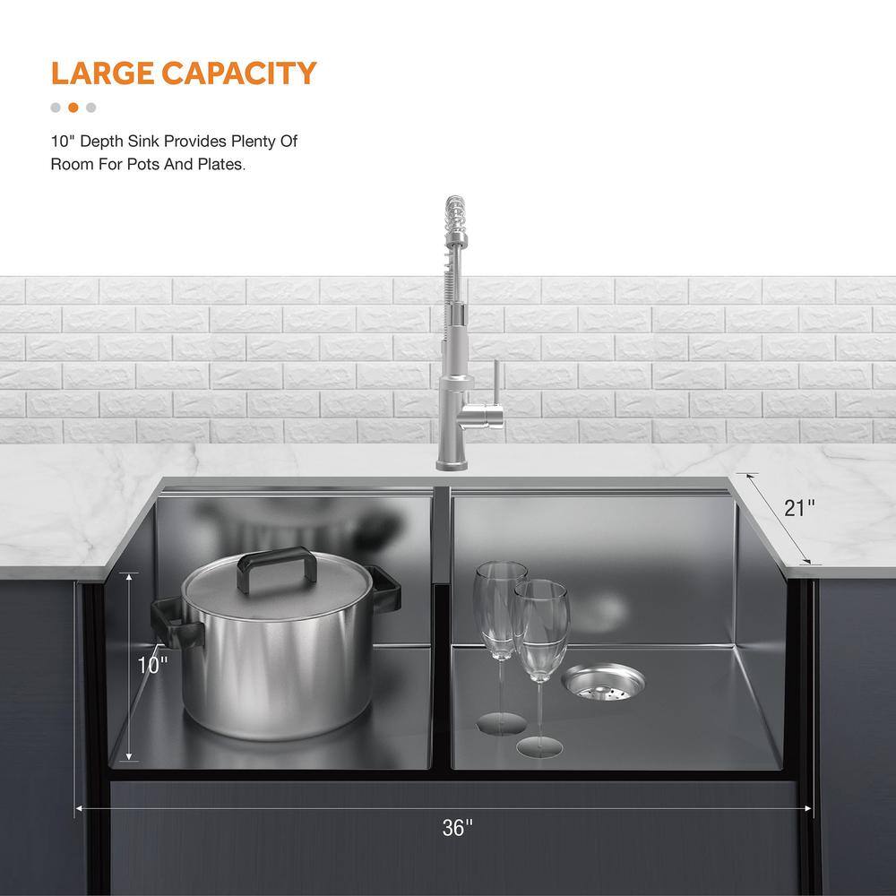 Glacier Bay Zero Radius FarmhouseApron-Front 16G Stainless Steel 36 in. Double Bowl Workstation Kitchen Sink Spring Neck Faucet FSU1ZAS3621A0SA