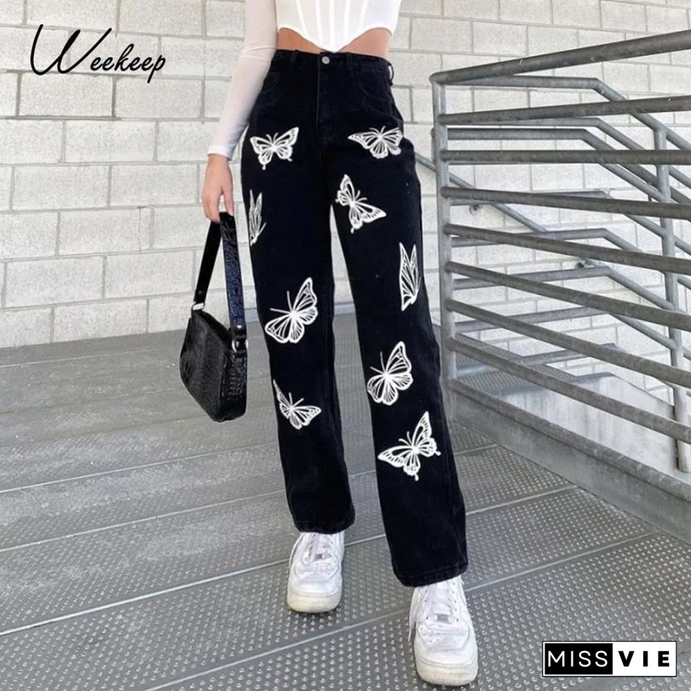 Weekeep Black Fashion Vintage Straight Jeans Butterfly Print High Waisted Women Slim Denim Pants Streetwear Trousers Cargo Pants