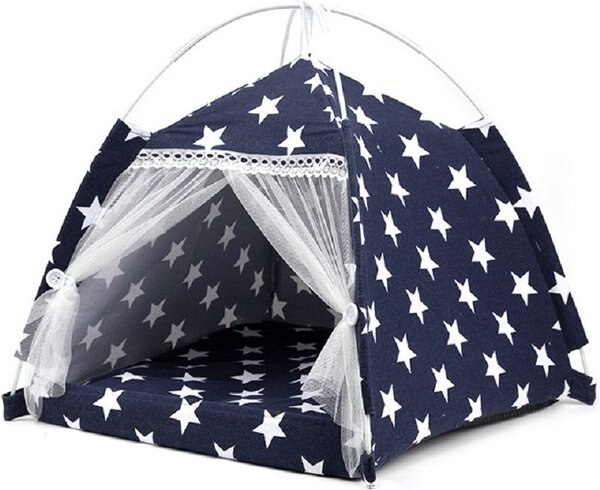 Lovely Caves Stars Dog and Cat Tent， Blue， Medium