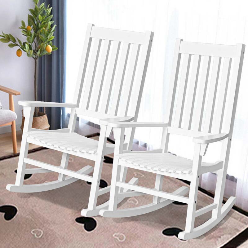 2 Pcs Acacia Wood Rocking Chairs High Back Outdoor Rocker for Porch Patio Lawn