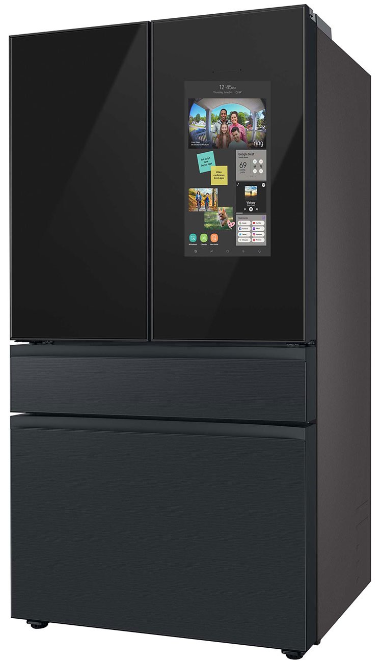  23 Cu. Ft. BESPOKE Counter Depth 4-Door French Door Refrigerator - Charcoal Glass Top Left And Family Hub Panels With Matte Black Steel Middle And Bottom Panels