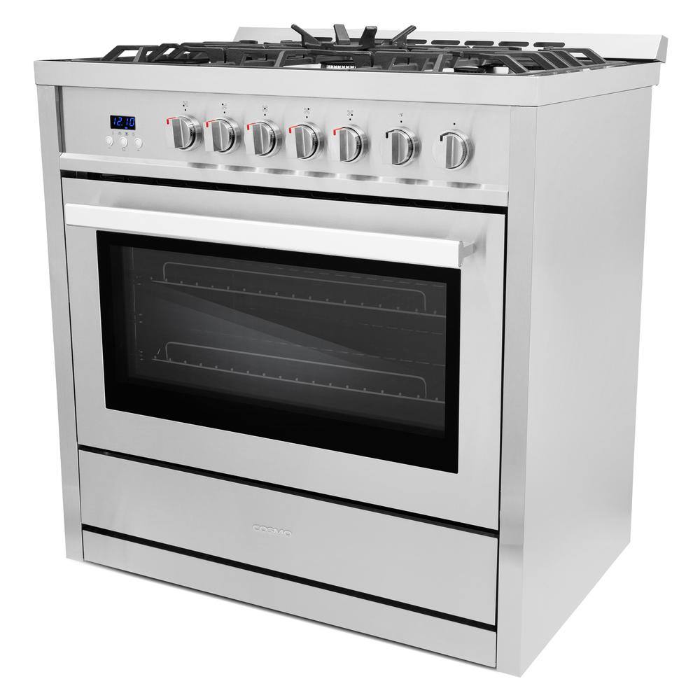 Cosmo 36 in. 3.8 cu. ft. Single Oven Gas Range with 5 Burner Cooktop and Heavy Duty Cast Iron Grates in Stainless Steel COS-965AGC