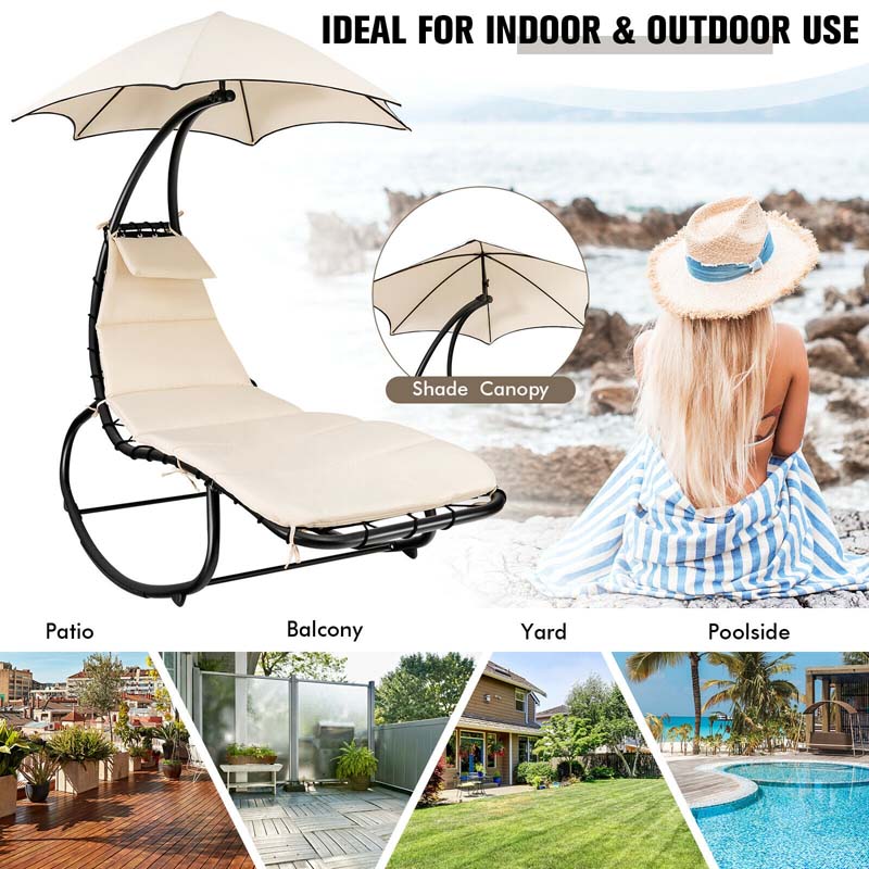 Full-Padded Hammock Chair Swing Patio Sun Lounger with Shade Canopy, Outdoor Chaise Lounge Hanging Chair for Pool Beach Deck