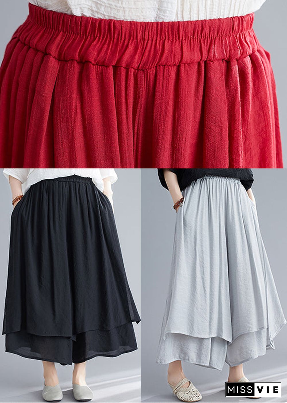 Style Red Elastic Waist Draping Linen Wide Leg Pants Summer