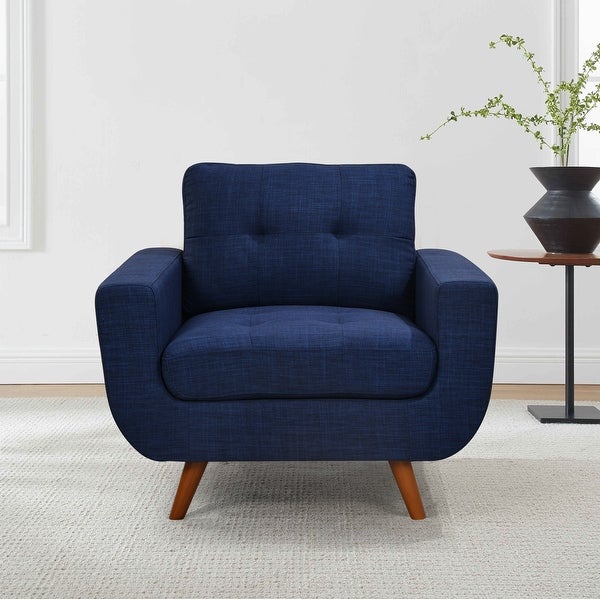 41 Linen Fabric Accent Chair， Modern Armchair Button Tufted Upholstered Accent Sofa Chairs for Living Room， Dark Blue