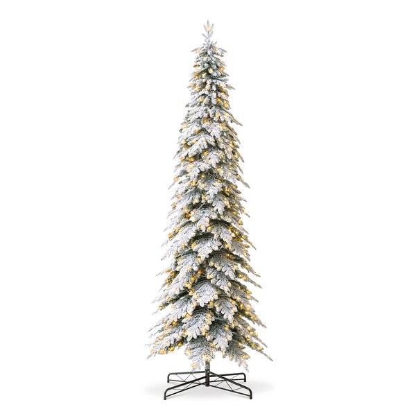 Glitzhome 11ft PreLit Flocked Pencil Spruce Artificial Christmas Tree with 700 Warm White Lights