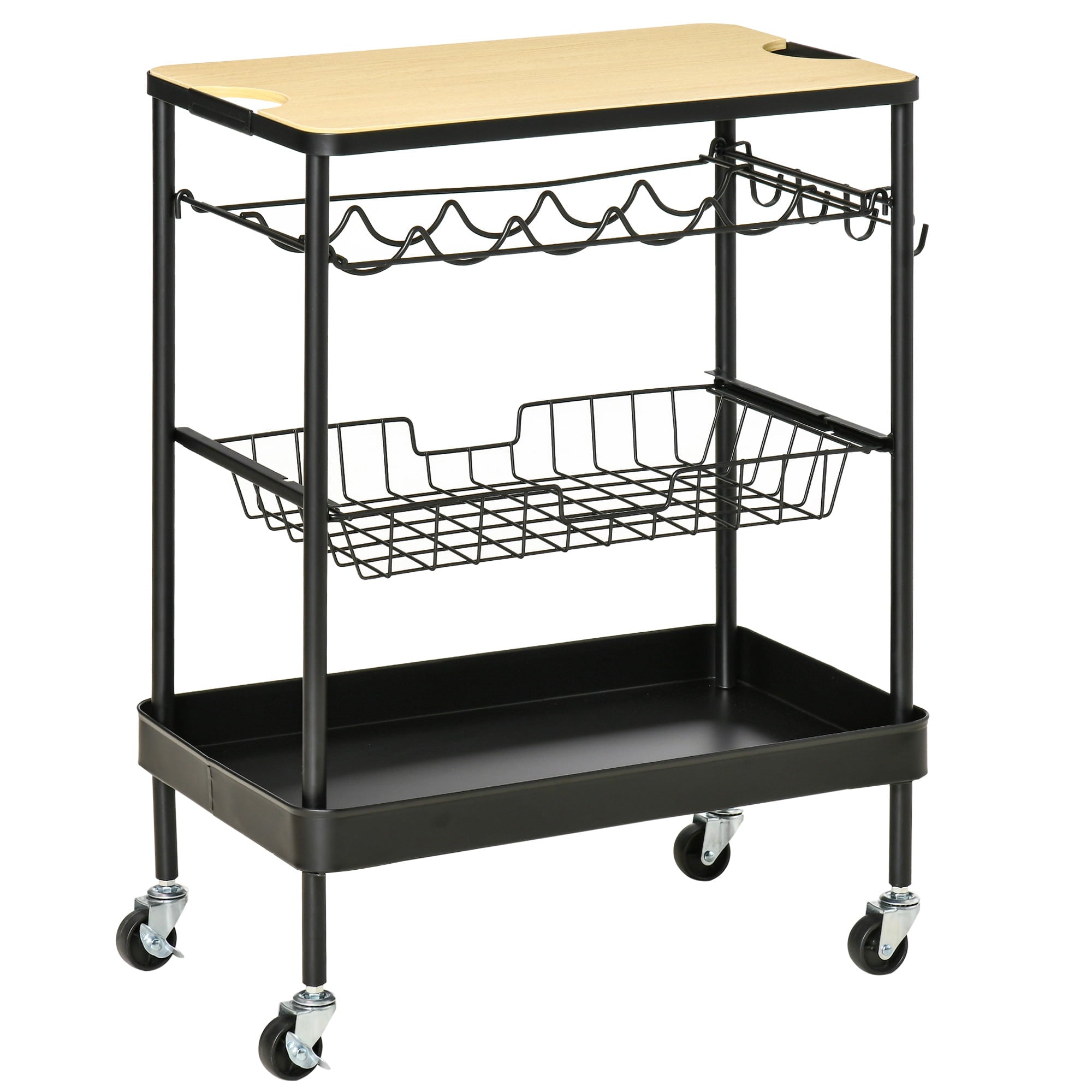 HOMCOM Rolling Kitchen Cart， 3-Tier Utility Storage Trolley with Wine Rack， Mesh Drawer and Side Hooks for Dining Room， Black/Natural