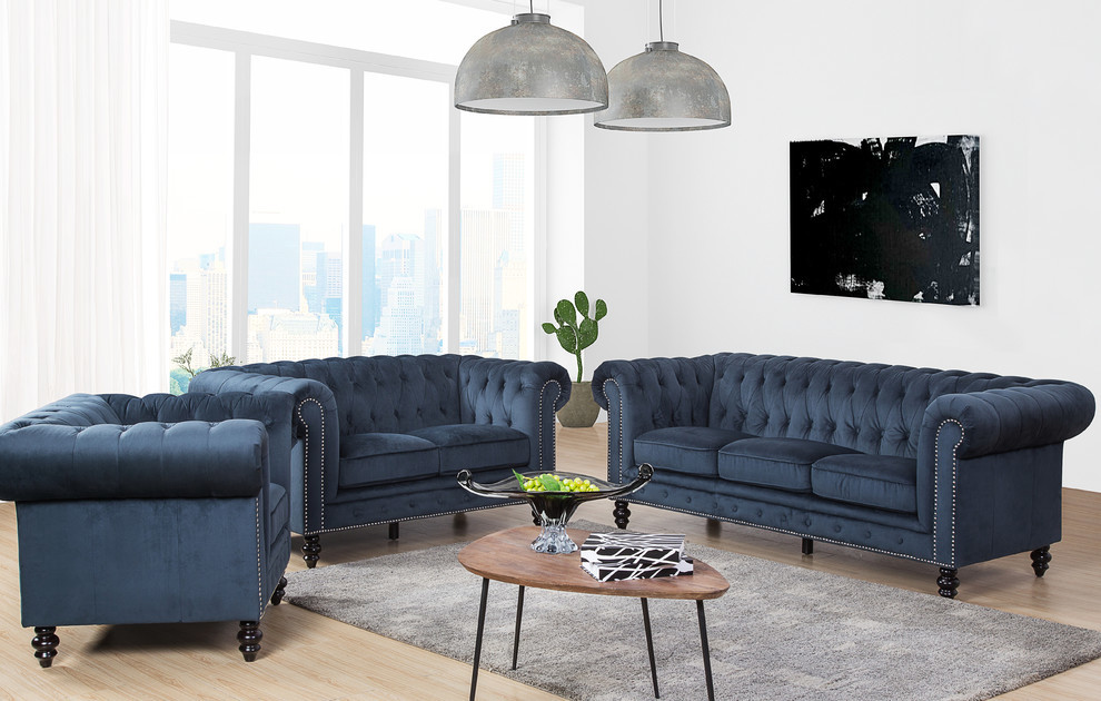 Central Chesterfield Sofa  Love Seat and Armchair Set  Blue   Traditional   Living Room Furniture Sets   by Abbyson Living  Houzz