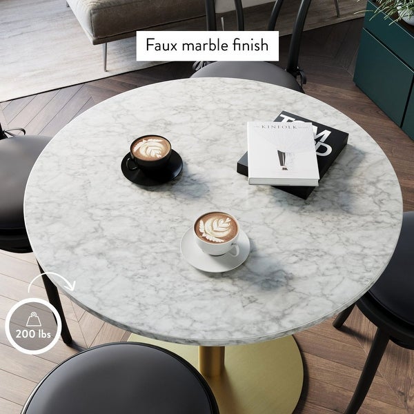 White Carrara Faux Marble Table Top with Black and Gold Pedestal Base Modern Kitchen or Dining Table for 2