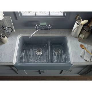 KOHLER Whitehaven Smart Divide Self-Trimming Farmhouse Apron Front Cast Iron 36 in. Double Bowl Kitchen Sink in White K-6427-0