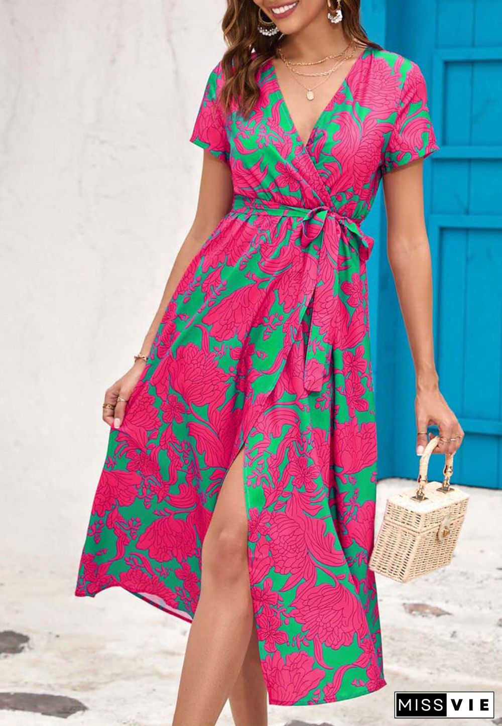 Printed Surplice Neck Midi Dress