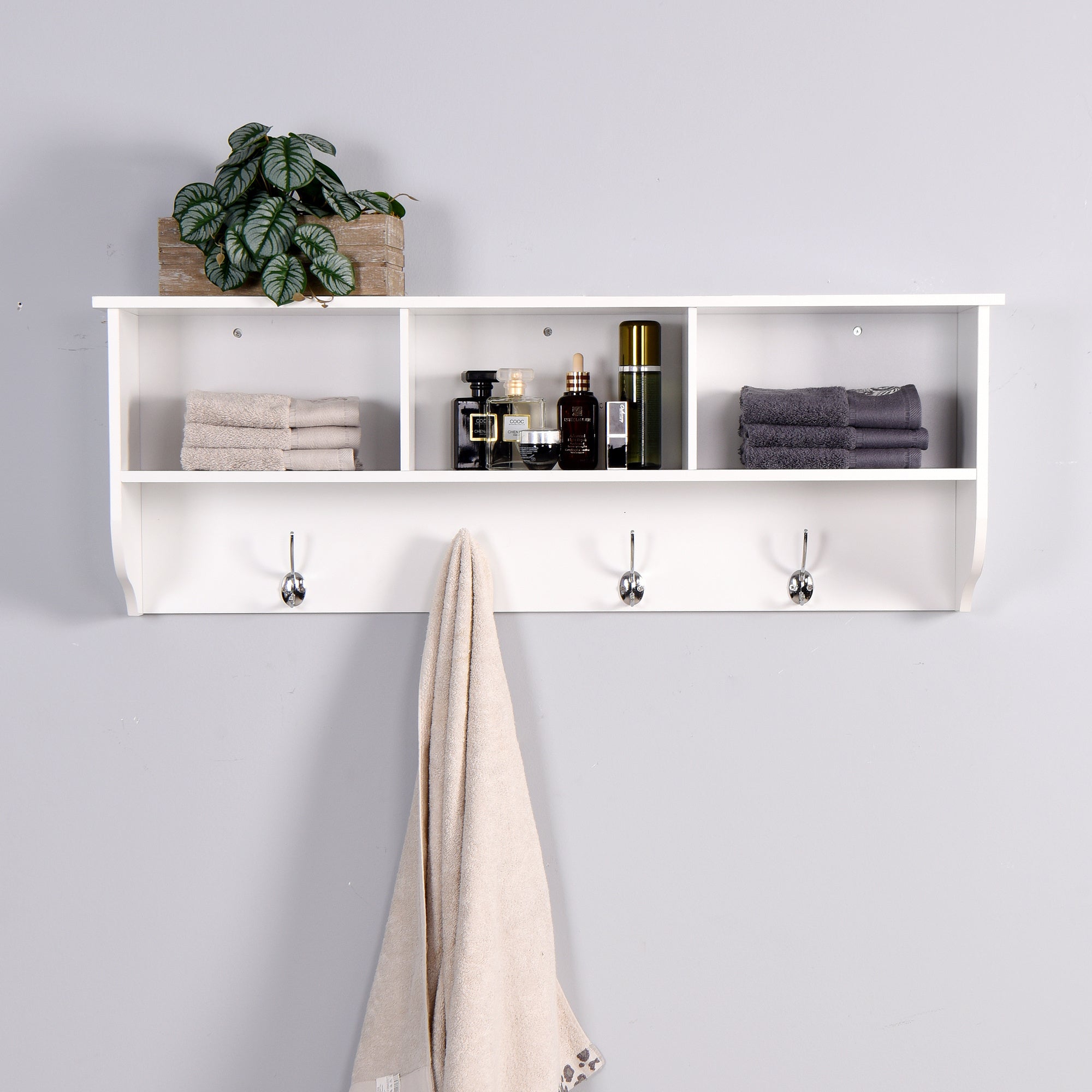 Nine Bull White Entryway Coat Rack with 4 Hooks， Wall Mounted Wooden Storage Shelf