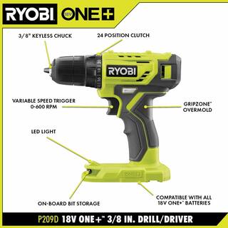 RYOBI ONE+ 18V Cordless 38 in. DrillDriver Kit with 1.5 Ah Battery Charger and Drill and Drive Kit (95-Piece) PDD209K-A989504