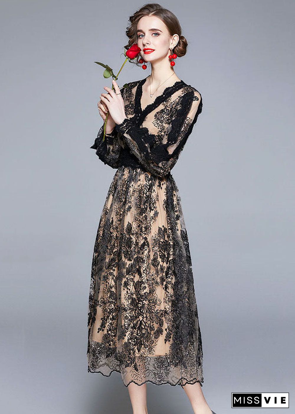 Women Black V Neck Embroideried Patchwork Tulle Dresses Long sleeve