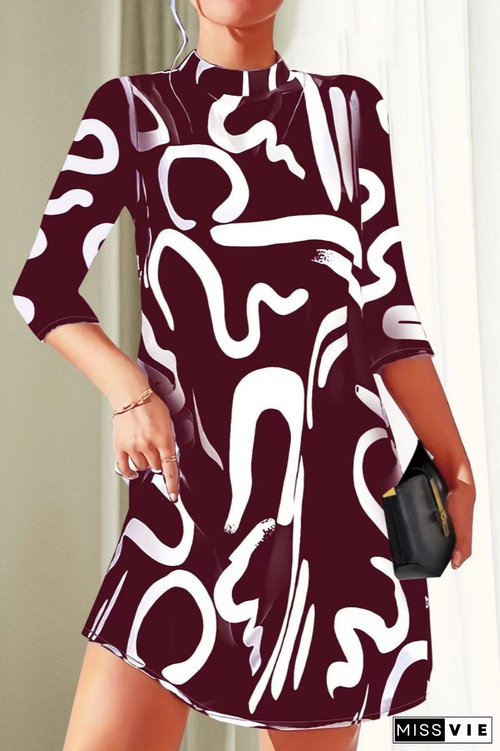 Casual Print Basic Half A Turtleneck A Line Dresses