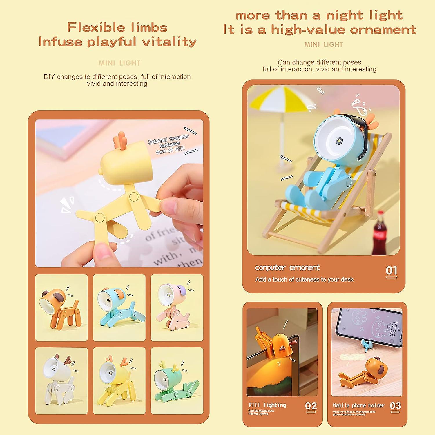 6 Pcs Mini Led Desk Lamp Cute Small Phone Holder，dog Shape Night Light Adjustable Phone Stand，portable Reading Table Night Lamp For Kids Students