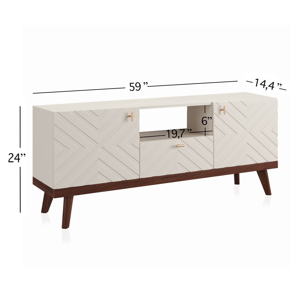 Living Skog Alba Beige TV Stand Console with Drawer Fits TV's up to 65 in. with Wood Legs Mid Century Modern Design