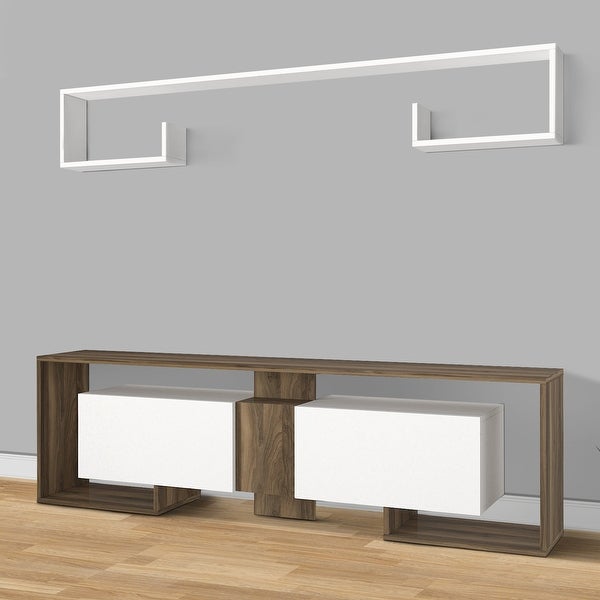 71 Inch Wooden TV Console Entertainment Media Center， 2 Piece Set， Wall Mounted Floating Shelf， White， Brown