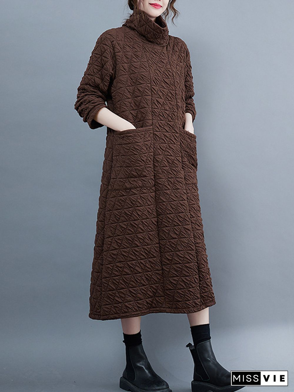 Casual Long Sleeves Loose Solid Color Textured High-Neck Cotton Padded Midi Dresses