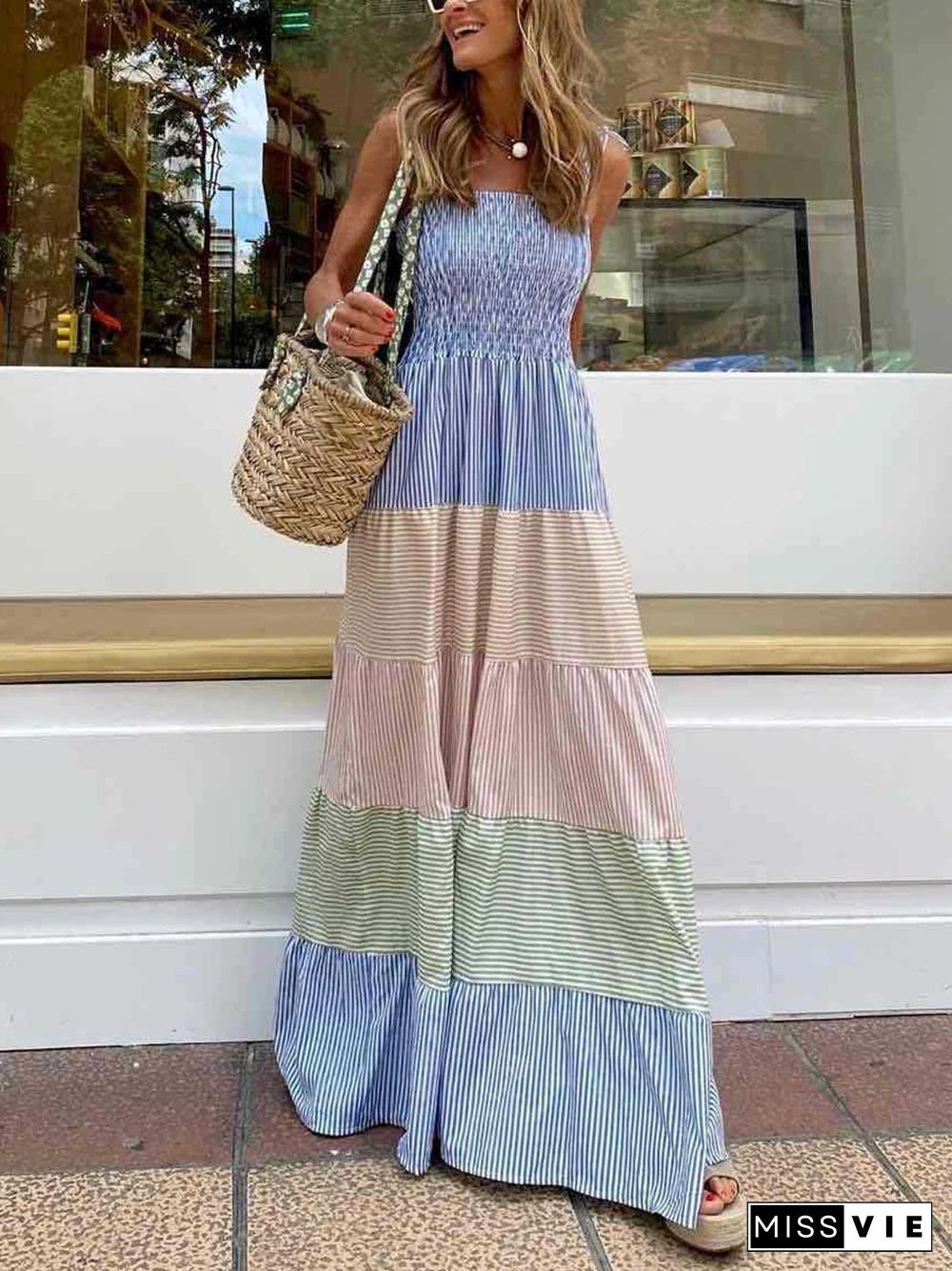 Colorblock Striped Straps Smocked Maxi Dress P10998