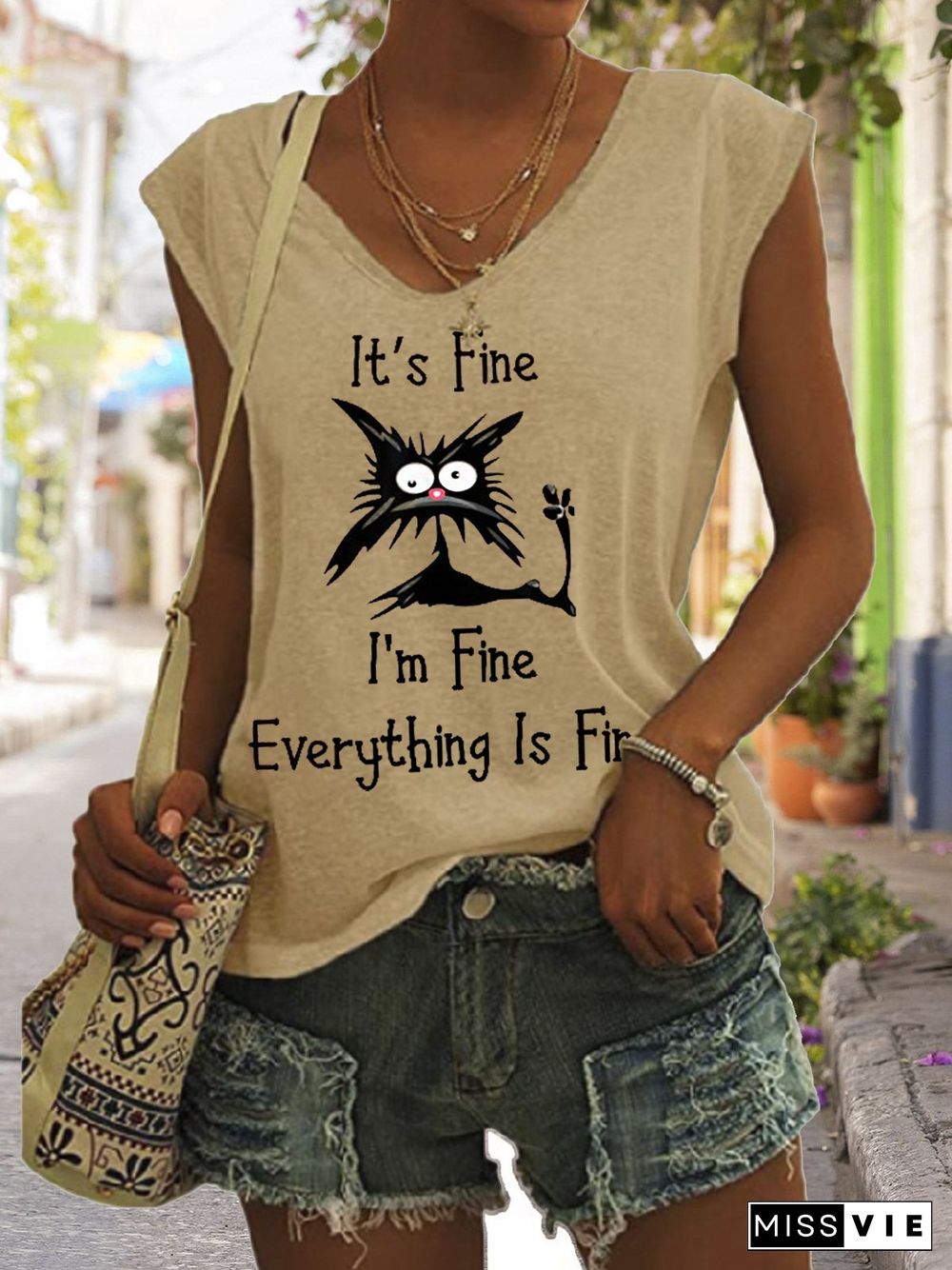 Women's It's Fine I'm Fine Everything Is Fine Funny Cat Print V-Neck Sleeveless Tee