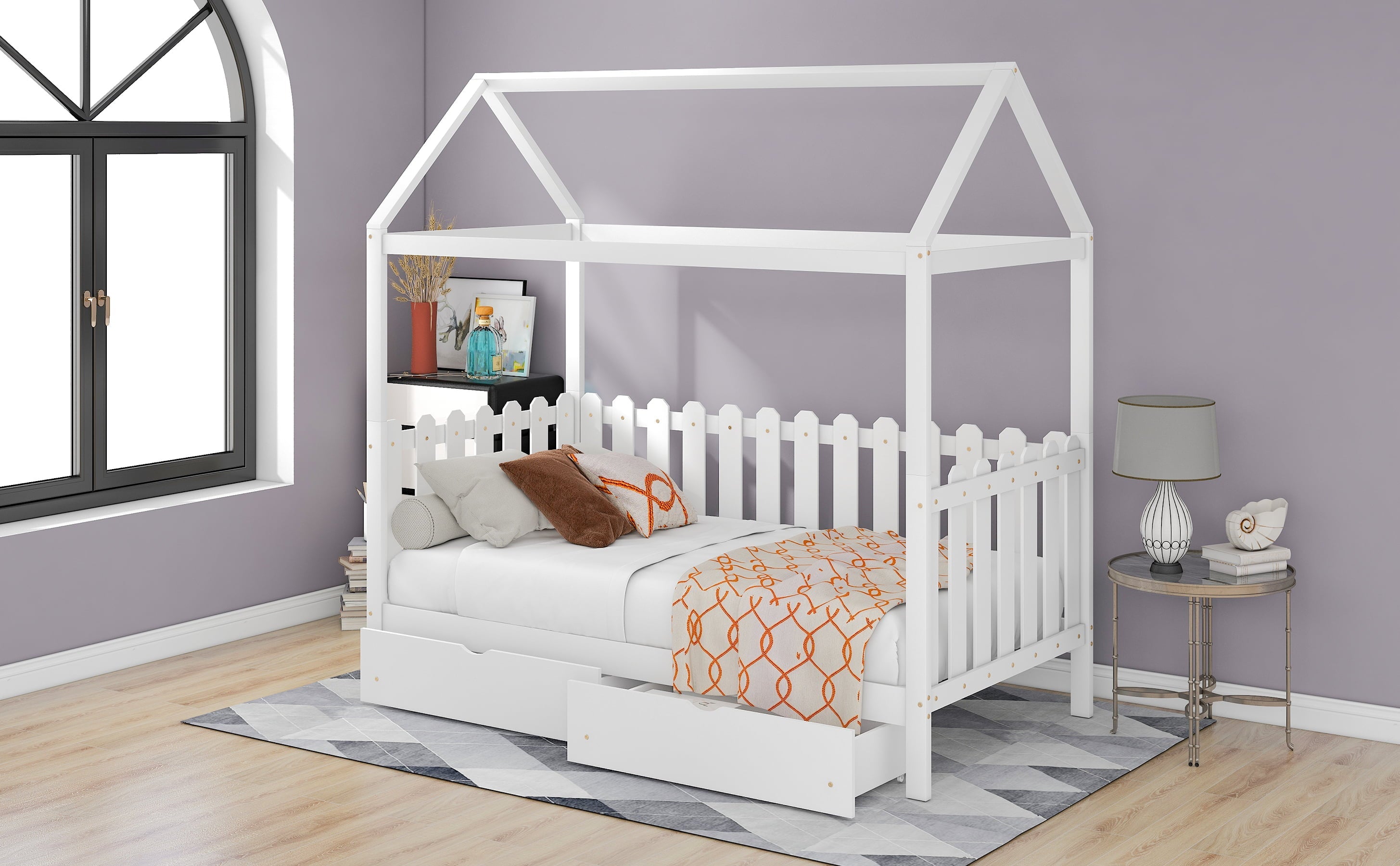 Euroco Twin Size Wood House-Shaped Bed with Drawers for Kids, White