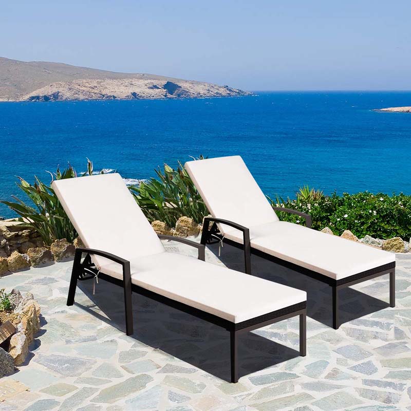 2-Pack Rattan Patio Chaise Lounge Chairs, 5-Position Pool Lounge Chairs with Cushion & Armrest, Wicker Sun Lounger