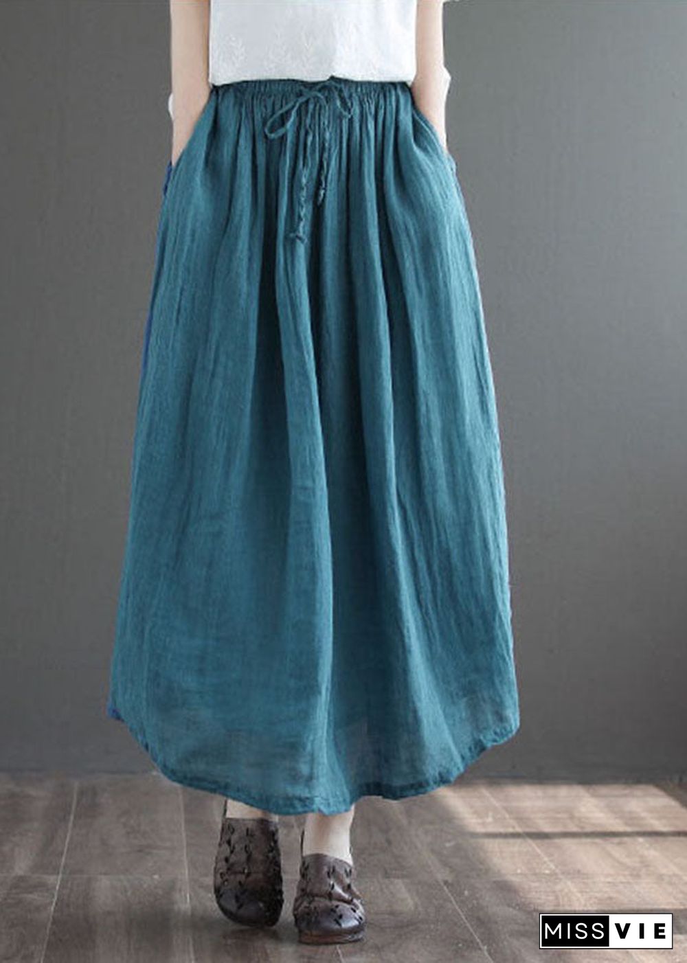 Simple Dark Blue Elastic Waist Double-deck Linen Skirts Summer