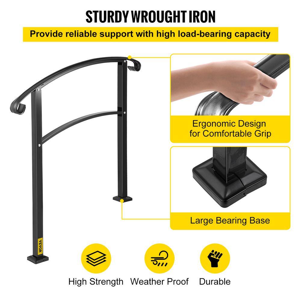 VEVOR 3 ft. Handrails for Outdoor Steps Fits 2 or 3 Steps Stair Rail Wrought Iron Handrail Matte Black LTFS3BHSLG0000001V0