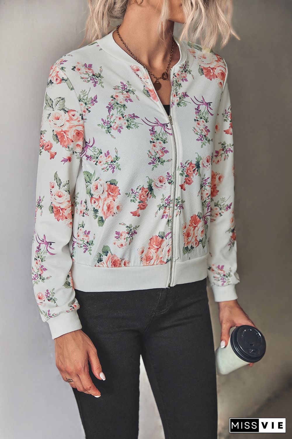 Front Open Zipper Floral Print Jackets