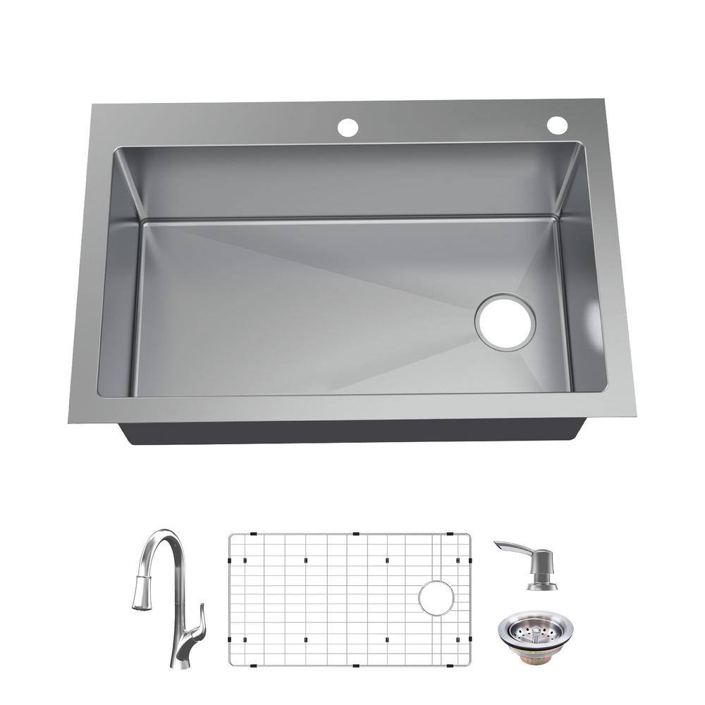 Glacier Bay AIO Dolancourt Tight Radius Drop-InUndermount 18G Stainless Steel 33 in. Single Bowl Kitchen Sink with Pull-Down Faucet VDR3322A1PA1-2A