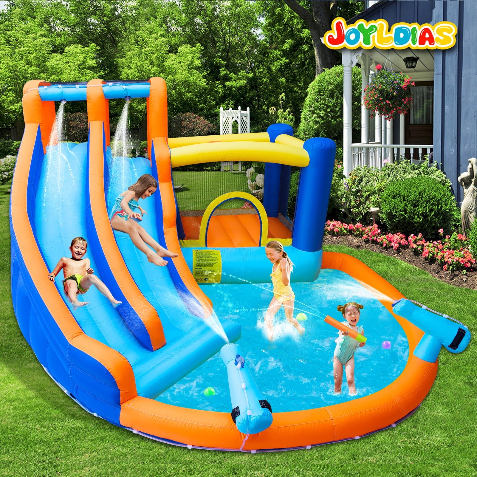 JOYLDIAS Kids Inflatable Water Slide Giant Water Park Double Slide Bouncer Playhouse Castle with 4 Water Guns, Pool, Jump Area, Climbing Wall, Air Blower