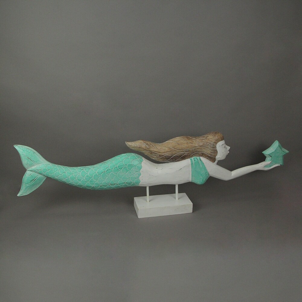 39 Inch Wood Carved Mermaid Sculpture Standee Statue Home Decor Art   10.75 X 39.5 X 3.75 inches