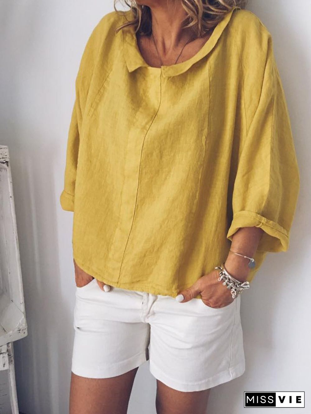 Plus Size Solid Casual Long Sleeve Blouse