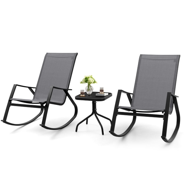 3 PCS Patio Bistro Set，Outdoor Rocking Chairs and Glass Coffee Table Side Table