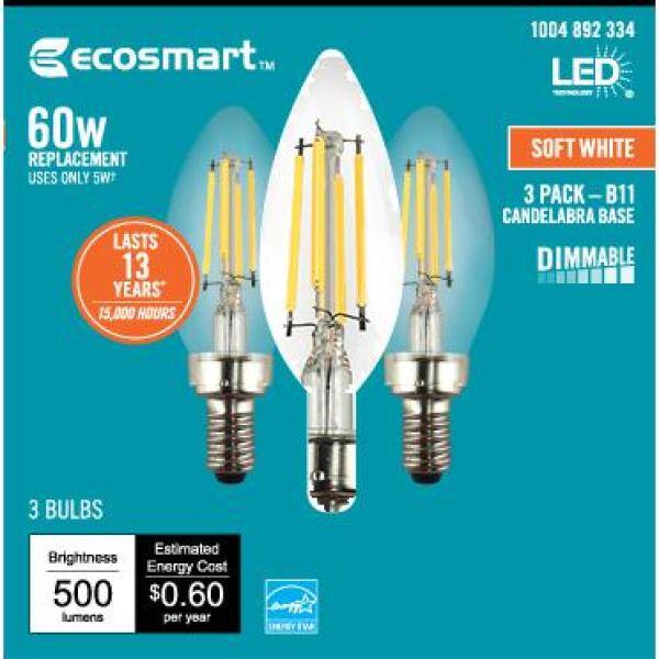 EcoSmart 60-Watt Equivalent B11 Dimmable E12 Candelabra ENERGY STAR Clear Glass LED Vintage Edison Light Bulb Soft White (3-Pack) FG-04073