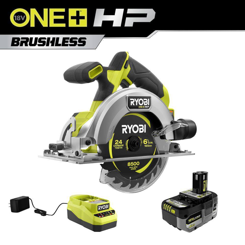 RYOBI ONE+ HP 18V Brushless Cordless Compact 6-12 in. Circular Saw Kit with 4.0 Ah HIGH PERFORMANCE Battery and Charger PSBCS01K1