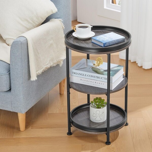 Round Industrial Sofa Table with 3 Storage Shelves，Grey