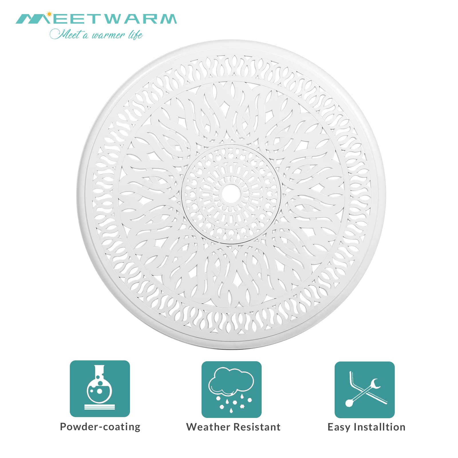 MEETWARM 35.4" Round Patio Dinning Table, Outdoor Cast Aluminum Dinning Table with 2" Umbrella Hole, White