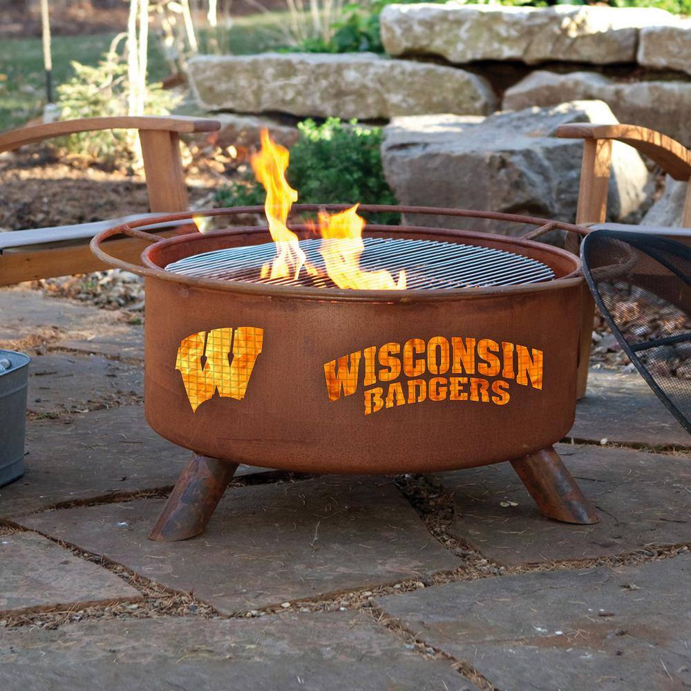 Wisconsin 29 in. x 18 in. Round Steel Wood Burning Fire Pit in Rust with Grill Poker Spark Screen and Cover F217