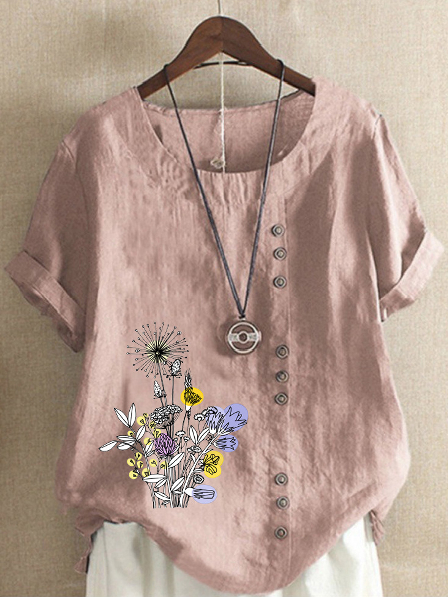 Casual Floral Print Crew Neck Short Sleeve Blouse