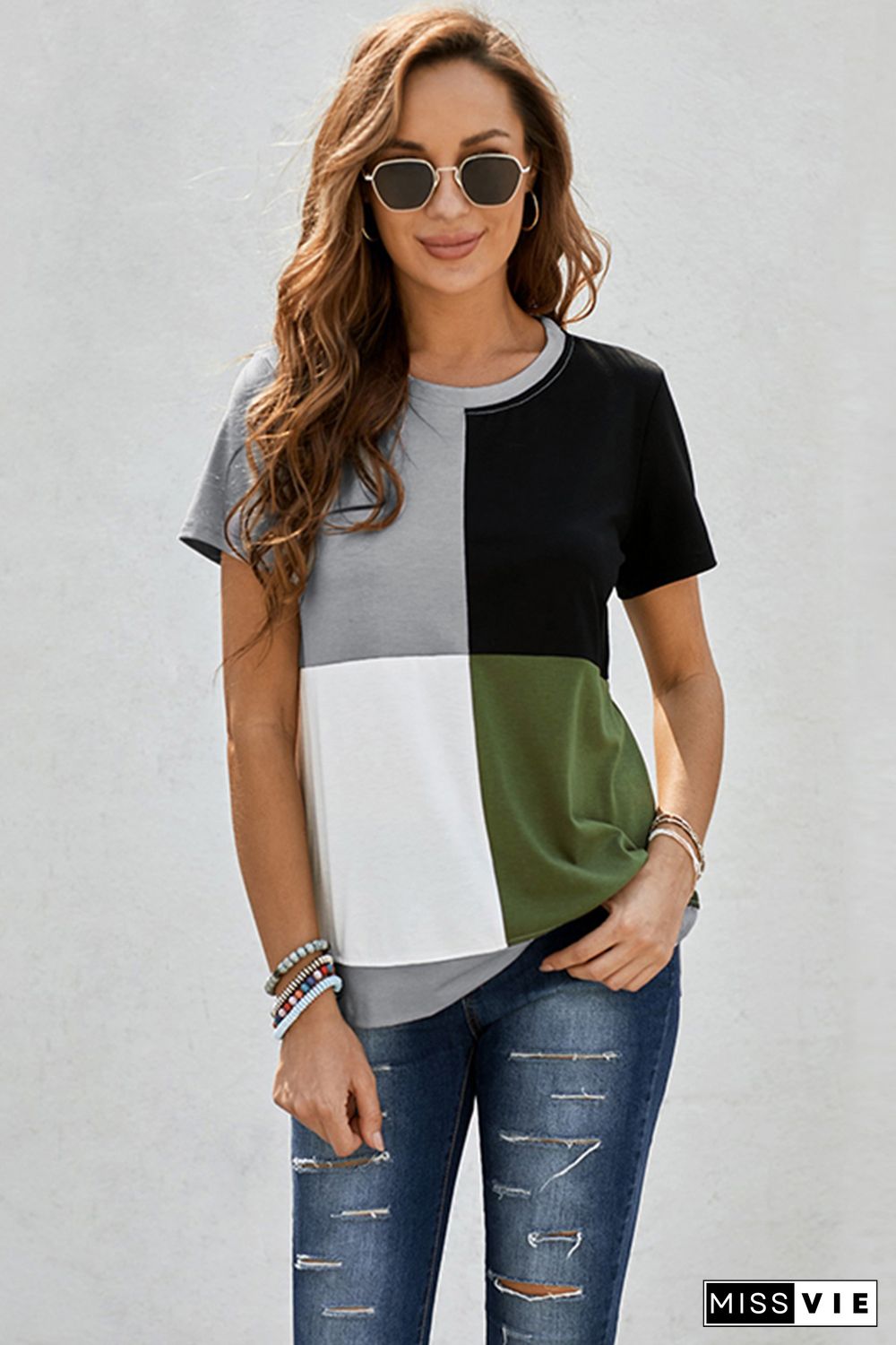 Army Green Colorblock T-shirt with Slits