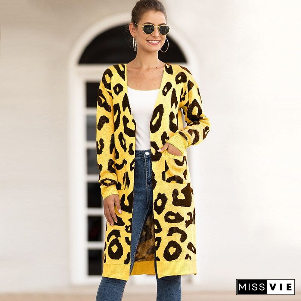 Veste Femme Loose Sweater Coats Autumn Winter Sweater Overcoat Leopard Cardigan Casual Knitwear Jacket Women Knit Long Coat