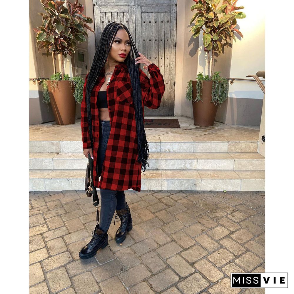 Plaid Print Long Sleeve Shirt Midi Dress