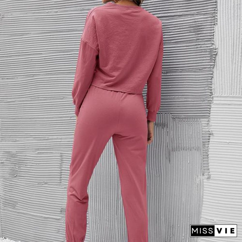 Useful Tracksuits Solid Color Quick Drying Two Piece Outfit Long Sleeve Crewneck With Pants