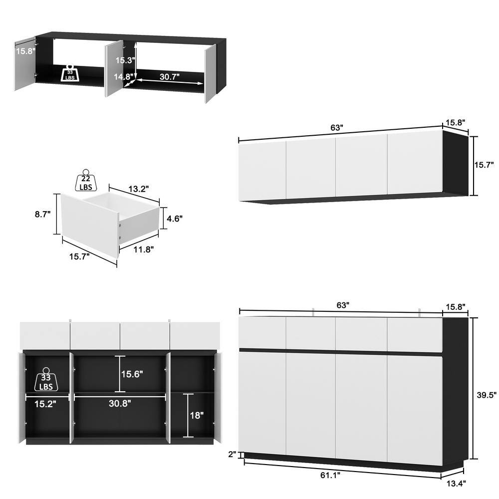 FUFUGAGA White Wood 63 in. W Buffet Kitchen Pantry Storage Cabinet With Doors Upper and lower cabinets 4-Drawers THD-260082+83