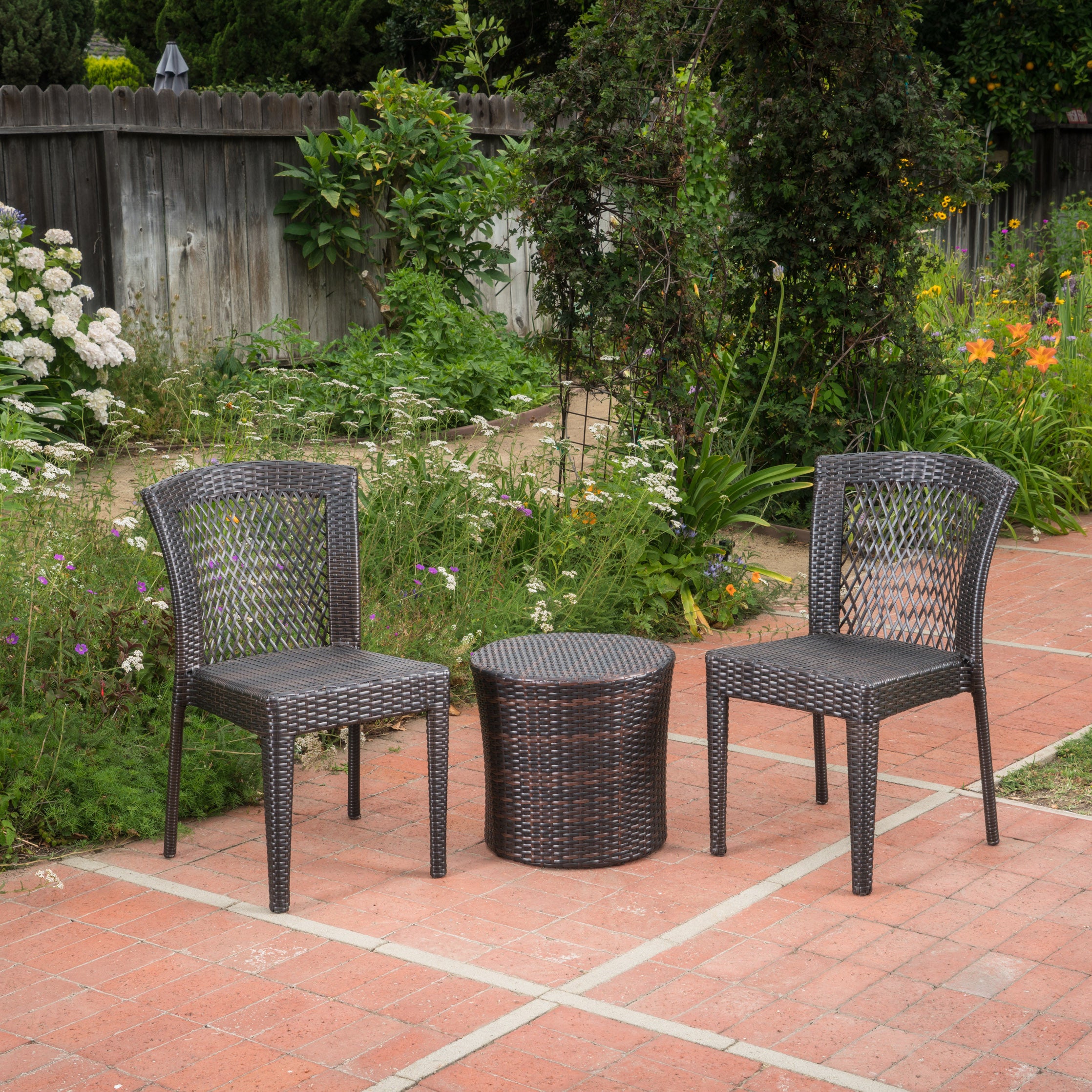 Capella Outdoor 3 Piece Multi-brown Wicker Stacking Chair Chat Set