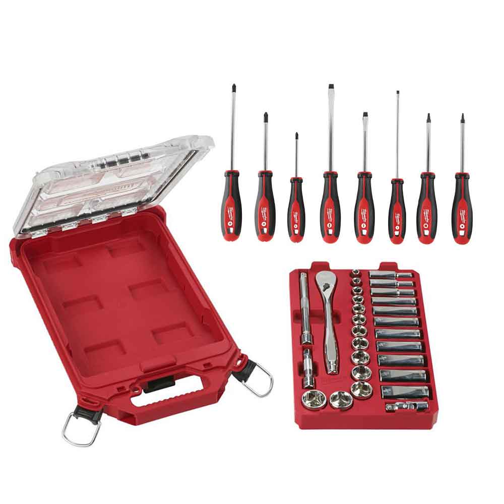 3/8 28 Pc Ratchet and Socket Set with 8pc Screwdriver Set and PACKOUT™ Organizer ;