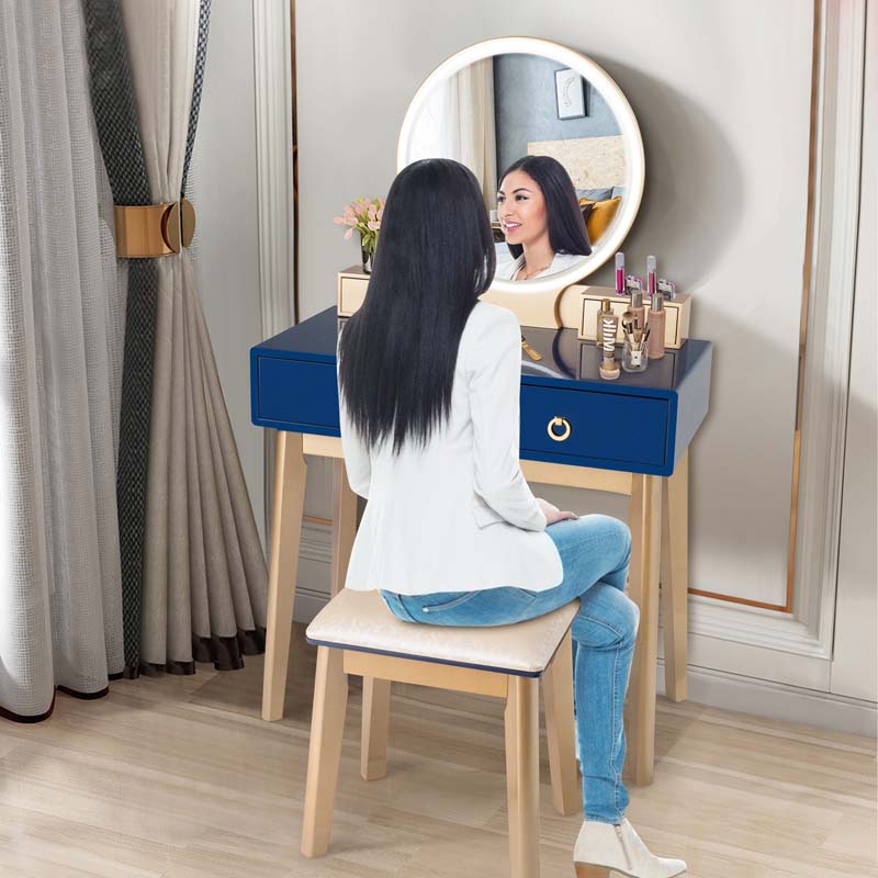 Modern Makeup Vanity Set with Touch Screen Dimming Mirror and 3 Color LED Lighting Modes, Jewelry Divider Dressing Table