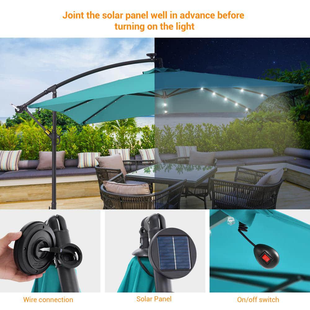 JOYESERY 82 ft Square Solar LED Cantilever Patio Umbrellas With Base in Lake Blue